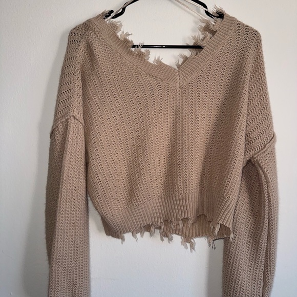 Frayed Hem Beige Sweater - Picture 5 of 5